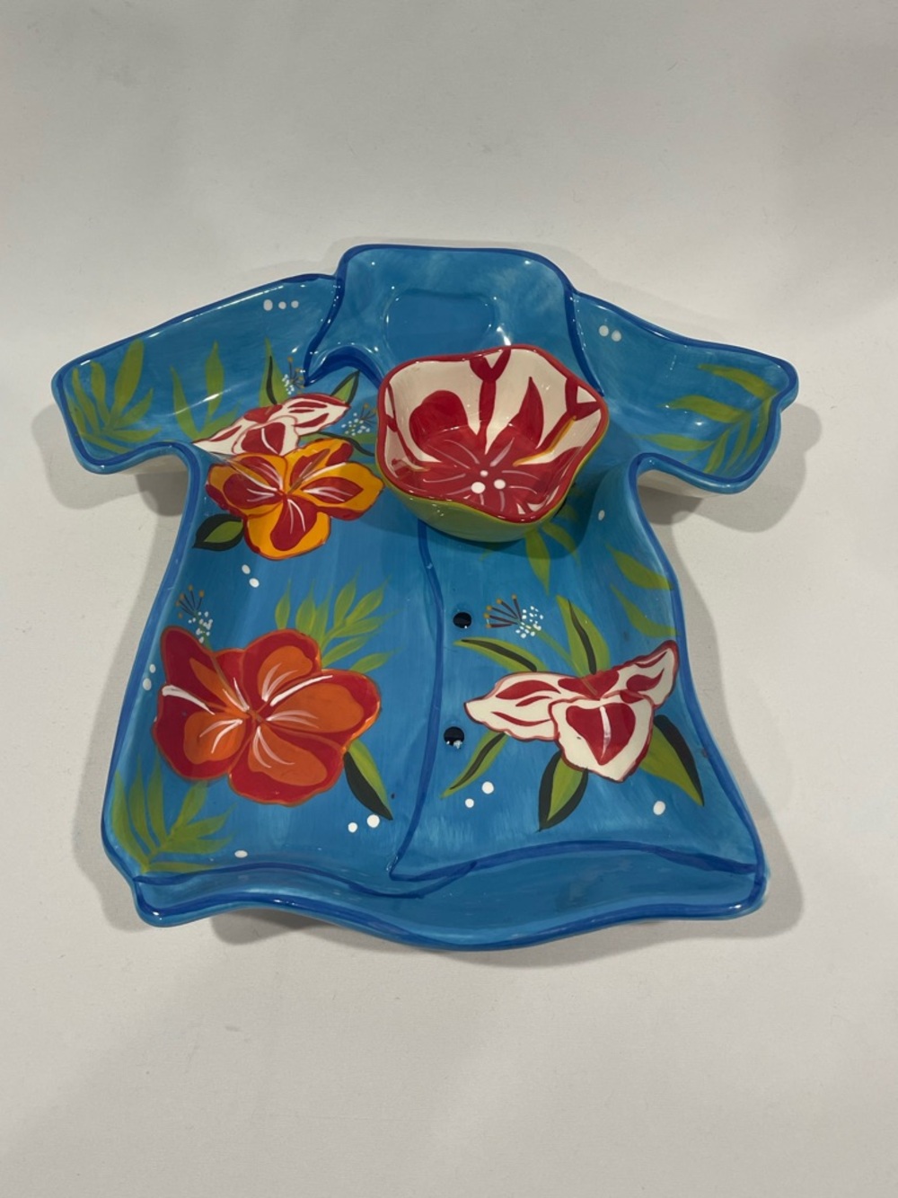 Hand-Painted Blue Hawaiian Shirt Ceramic Tray with Floral Bowls